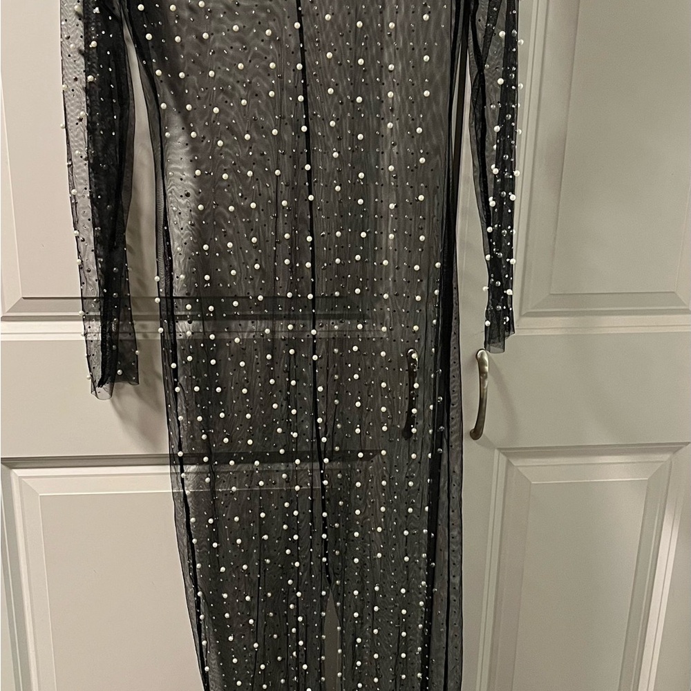 Chic mesh black coverup with pearl/rhinestones